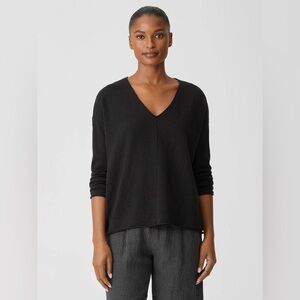 Eileen Fisher black Organic Cotton Linen Slub V-Neck Top size large